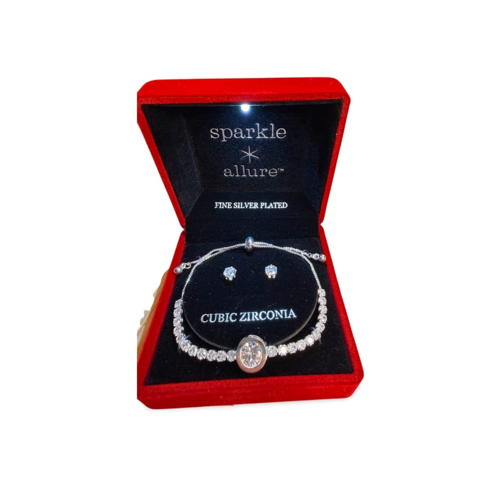 Sparkle Allure Cubic Zirconia Jewelry Set Silver Plated Bracelet + Stud Earrings - Picture 3 of 5